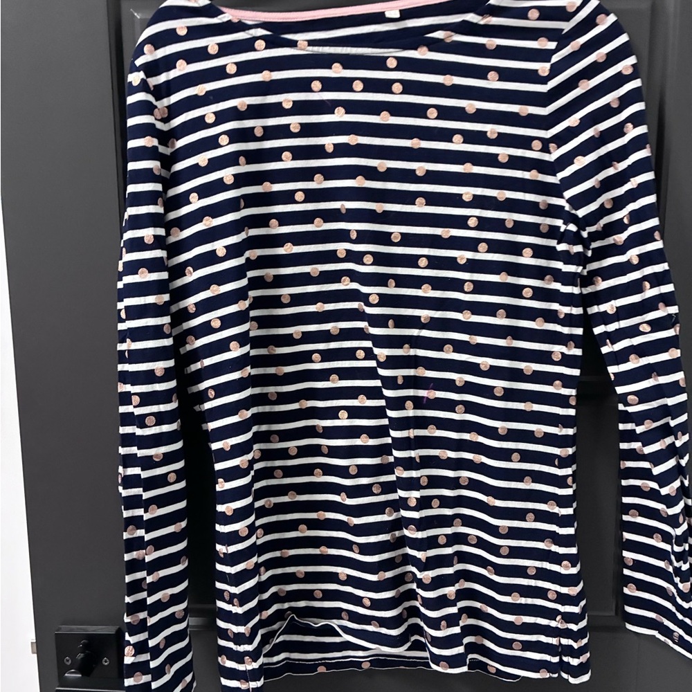 Boden Navy Striped Long Sleeve Top with Rose Gold Polka Dots, never worn, 10